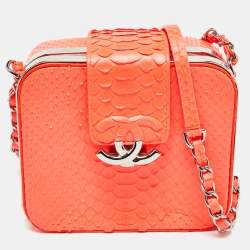 Pre Owned Chanel Neon Orange Quilted Python Mini CC Box Camera Bag