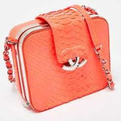 Pre Owned Chanel Neon Orange Quilted Python Mini CC Box Camera Bag