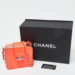 Pre Owned Chanel Neon Orange Quilted Python Mini CC Box Camera Bag
