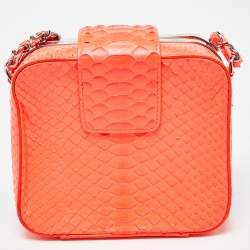 Pre Owned Chanel Neon Orange Quilted Python Mini CC Box Camera Bag