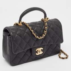 Pre Owned Chanel Black Quilted Caviar Leather Mini Rectangular Flap Top Handle Bag