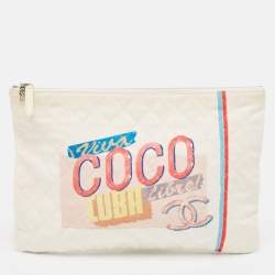 Pre Owned Chanel White Quilted Canvas Coco Cuba O-Case Clutch