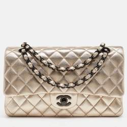 Pre Owned Chanel Gold Quilted Leather Medium Classic Double Flap Bag