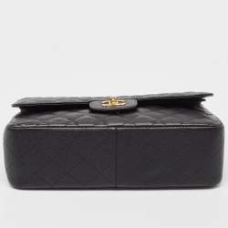 Pre Owned Chanel Black Quilted Caviar Leather Jumbo Classic Double Flap Bag