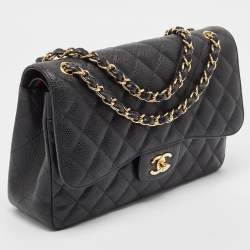 Pre Owned Chanel Black Quilted Caviar Leather Jumbo Classic Double Flap Bag