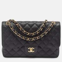 Pre Owned Chanel Black Quilted Caviar Leather Jumbo Classic Double Flap Bag