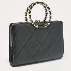 Pre Owned Chanel Black Quilted Leather Frame Round Handle Clutch Bag
