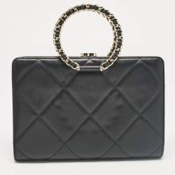 Pre Owned Chanel Black Quilted Leather Frame Round Handle Clutch Bag