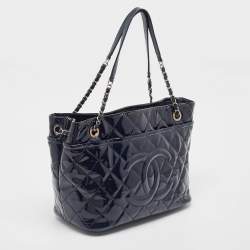 Chanel Navy Blue Quilted Patent Leather Timeless CC Shopper Tote