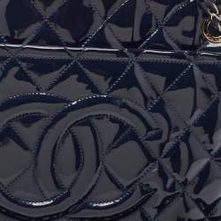 Chanel Navy Blue Quilted Patent Leather Timeless CC Shopper Tote