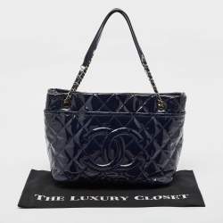 Chanel Navy Blue Quilted Patent Leather Timeless CC Shopper Tote
