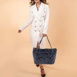 Chanel Navy Blue Quilted Patent Leather Timeless CC Shopper Tote