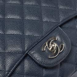 Pre Owned Chanel Navy Blue Quilted Caviar Leather Maxi Classic Single Flap Bag