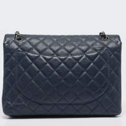 Pre Owned Chanel Navy Blue Quilted Caviar Leather Maxi Classic Single Flap Bag