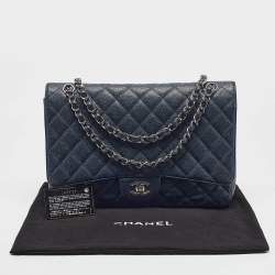Pre Owned Chanel Navy Blue Quilted Caviar Leather Maxi Classic Single Flap Bag