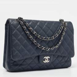 Pre Owned Chanel Navy Blue Quilted Caviar Leather Maxi Classic Single Flap Bag