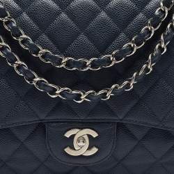 Pre Owned Chanel Navy Blue Quilted Caviar Leather Maxi Classic Single Flap Bag