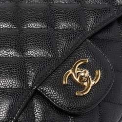 Pre Owned Chanel Black Quilted Caviar Leather Jumbo Classic Single Flap Bag