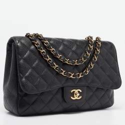 Pre Owned Chanel Black Quilted Caviar Leather Jumbo Classic Single Flap Bag