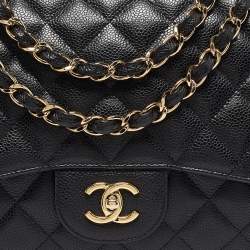 Pre Owned Chanel Black Quilted Caviar Leather Jumbo Classic Single Flap Bag