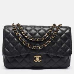 Pre Owned Chanel Black Quilted Caviar Leather Jumbo Classic Single Flap Bag