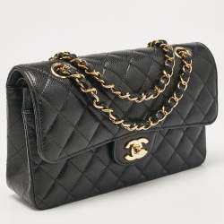 Pre Owned Chanel Black Quilted Caviar Leather Small Classic Double Flap Bag