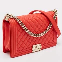 Pre Owned Chanel Red Quilted Leather New Medium Boy Bag