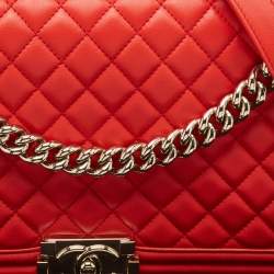 Pre Owned Chanel Red Quilted Leather New Medium Boy Bag