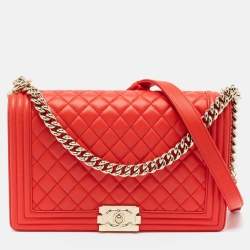Pre Owned Chanel Red Quilted Leather New Medium Boy Bag