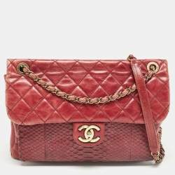 Chanel Burgundy Quilted Aged Leather and Python Large Urban Mix Flap Bag