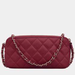 Pre Owned Chanel Red Leather Double Zip CC Clutch on Chain
