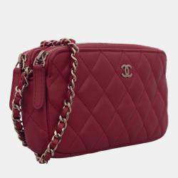Pre Owned Chanel Red Leather Double Zip CC Clutch on Chain