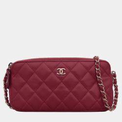 Pre Owned Chanel Red Leather Double Zip CC Clutch on Chain