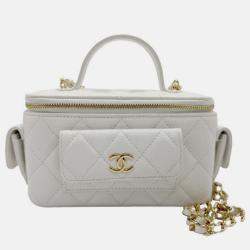 Chanel White Caviar Quilted Polly Pocket East West Top Vanity With Chain 