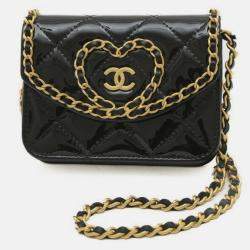 Chanel Black Patent Leather CC Heart Wallet with Chain