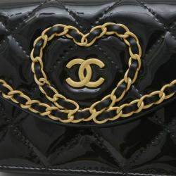 Chanel Black Patent Leather CC Heart Wallet with Chain