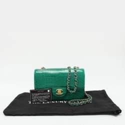 Pre Owned Chanel Green Aliigator Small Classic Double Flap Bag