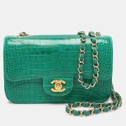 Pre Owned Chanel Green Aliigator Small Classic Double Flap Bag