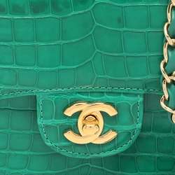 Pre Owned Chanel Green Aliigator Small Classic Double Flap Bag