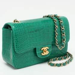 Pre Owned Chanel Green Aliigator Small Classic Double Flap Bag