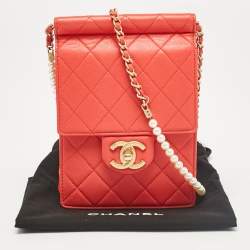 Pre Owned Chanel Red Quilted Leather Vertical Pearl Chain Clutch
