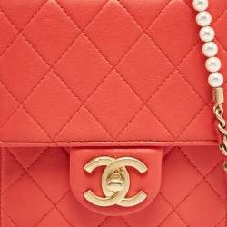 Pre Owned Chanel Red Quilted Leather Vertical Pearl Chain Clutch