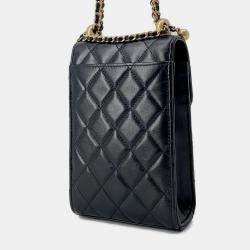 Pre Owned Chanel Black Shiny Calf Leather Phone Folder Matelasse Chain Bag