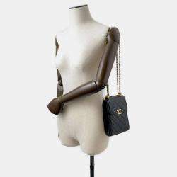 Pre Owned Chanel Black Shiny Calf Leather Phone Folder Matelasse Chain Bag