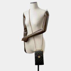 Pre Owned Chanel Black Shiny Calf Leather Phone Folder Matelasse Chain Bag