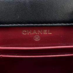 Pre Owned Chanel Black Shiny Calf Leather Phone Folder Matelasse Chain Bag