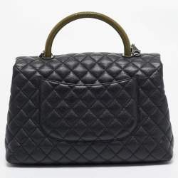 Pre Owned Chanel Black/Green Quilted Caviar Leather and Lizard Large Coco Top Handle Bag