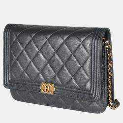 Chanel Gunmetal Quilted Lambskin Boy Wallet On Chain