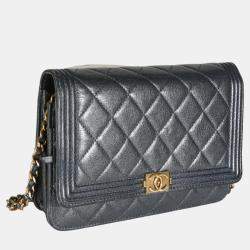 Chanel Gunmetal Quilted Lambskin Boy Wallet On Chain