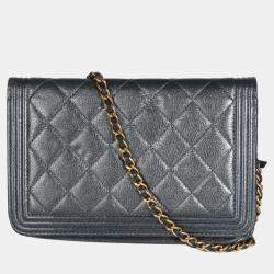 Chanel Gunmetal Quilted Lambskin Boy Wallet On Chain